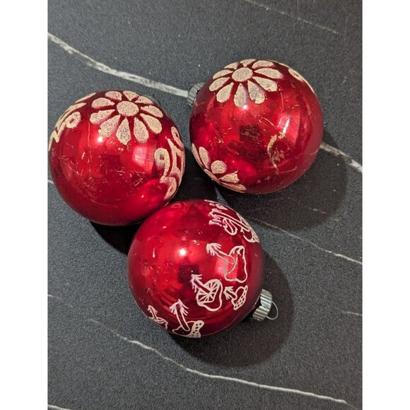 Shiny Brite Red Glass Christmas Ornaments Set Of 3 USA Made 2" Vintage Glitter - Picture 3 of 5